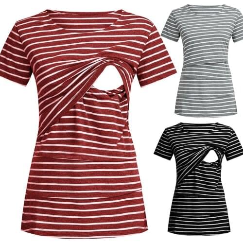 Maternity Clothes Pregnant Women Maternity Summer Casual Short Sleeve O-neck Striped T Shirts Nursing Tops For Breastfeeding
