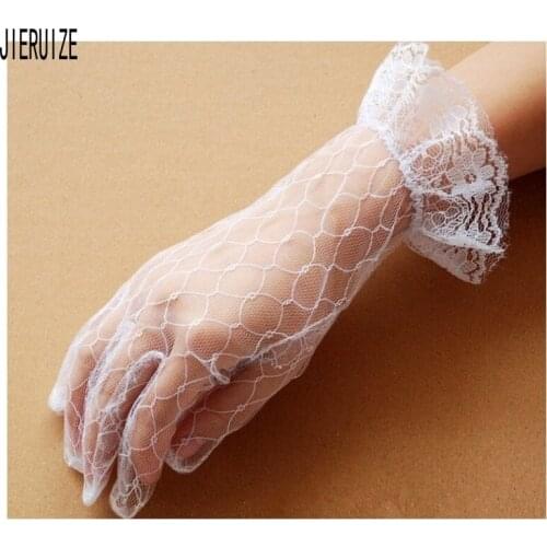 JIERUIZE Sheer Tulle Bridal Gloves Full Finger Stock White Ivory Wrist Length Wedding Glove