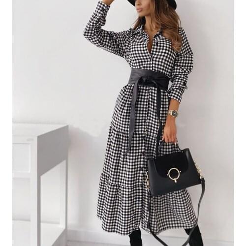 Top Selling Plaid Dress Women Summer Belt Dress Long Sleeve Turn-down Collar Vintage Maxi Dresses With Button vestido de mujer