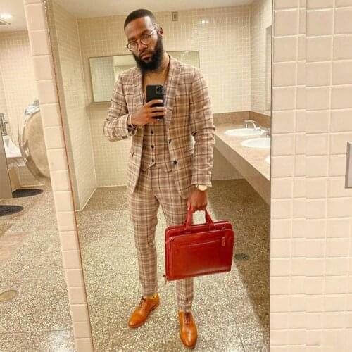 Popular Glen Plaid 3 Pieces Mens Suit For Wedding Two Buttons Notached Lapel Business Blazer Trouse Vest