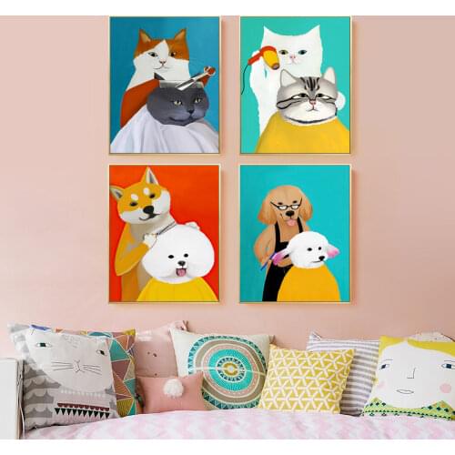 Cute Cat Dog Barber Canvas Printing Wall Minimalist Art Cartoon Animal Hairdresser Wall Picture Poster For Living Room Decor