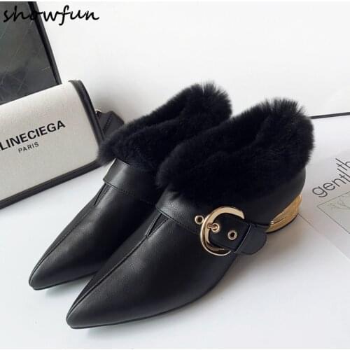 Plus size 33-40 womens genuine leather metal buckle slip-on pumps brand designer pointed toe retro fur female low heel shoes