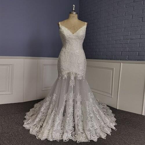 Real Picture Elegant Church Wedding Dress Sleeveless Applique Backless Lace Mermaid Spaghetti StrapLady Bridal Gowns