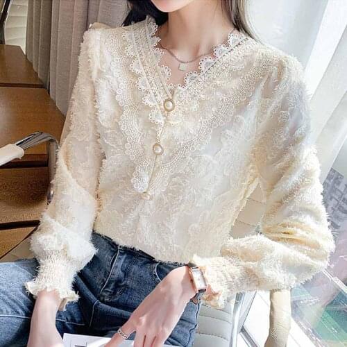 Lace Crochet Women Blouse Fashion Tassel Elegant Woman Shirt Tops Autumn V Neck Long Sleeve Loose Lace Lady Shirts Blusas 16557