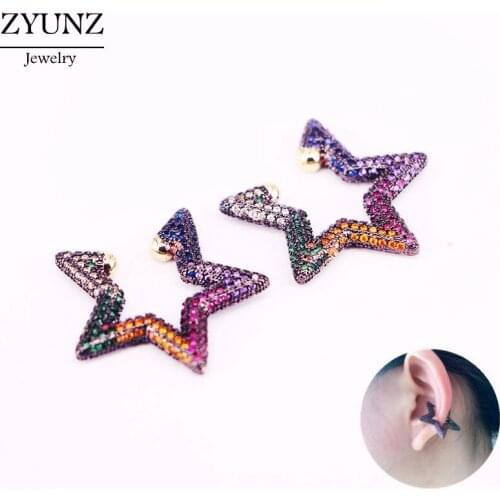 2 Pairs, Rainbow CZ Star Ear Cuff, Micro Pave CZ Zircon Non Pierced Girl Women Clip Earring Cuff Earcuff Jewelry