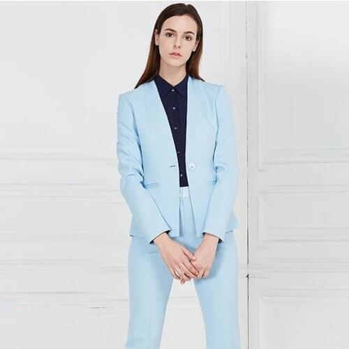 Sky Blue Women Suits One Button Blazer with Pants Suits Set Long Sleeve Suit Women Jacket Suits Ladies Customize Made