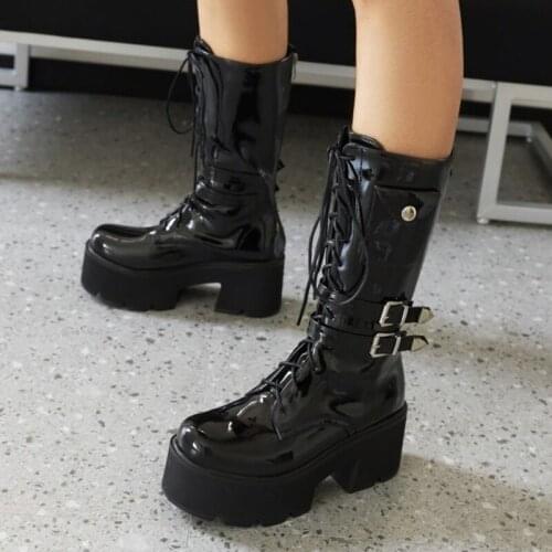 Fashion Pocket Round Thick Sole Platform Women Boots Metal Buckle Strap Back Zipper Knee High Boots Lace up Plus Size 46