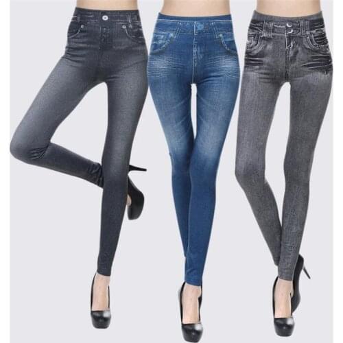 2021 Womens Spring and Summer Tight Imitation Jeans, Smart Slim Fashion, Large Tight Pants, False Pocket Womens Fitness Pants