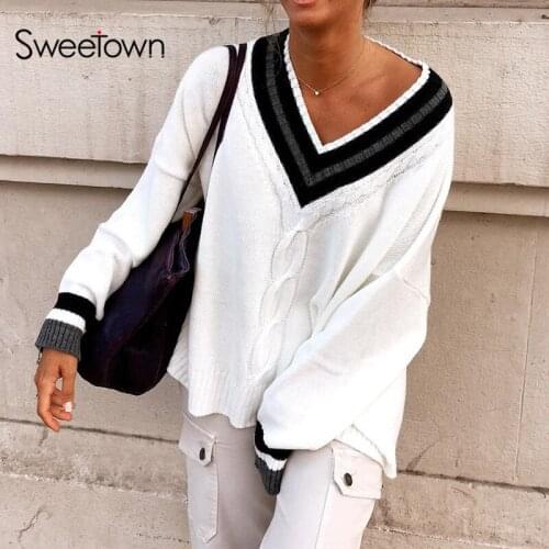 Sweetown White Oversize New Jumpers Women Stripe V Neck Twist 90s Aesthetic Knitwear Autumn Winter Korean Fashion Knit Sweaters