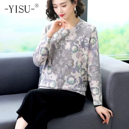 YISU Knitted Sweater Women 2020 Spring Autumn New Pullovers O neck Long sleeve Knit Jumper Women Fashion print sweater Women