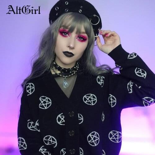 AltGirl Autumn Dark Gothic Sweater Women Harajuku Streetwear Vintage Punk Grunge Emo Alt Pentagram Pattern Long Sleeve Cardigan