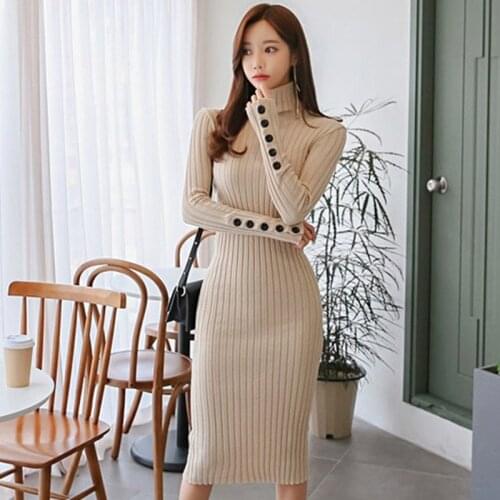 Autumn Winter Women Knitted Dress Buttons Turtleneck Sweater Dresses Lady Slim Bodycon Long Sleeve Bottoming Dress Vestidos