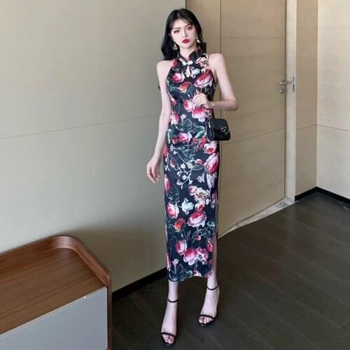 2021 lady long qipao chinese dress elegant women flower print high split mandarin collar sexy bodycon vestido oriental cheongsam