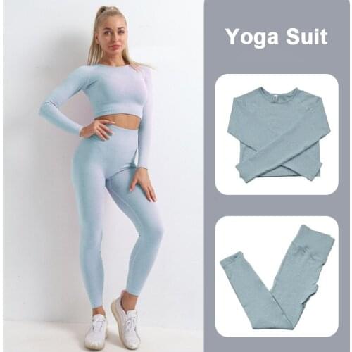 Seamless Yoga Suit Women Sports Set Gym Clothes Long Sleeve Fitness Crop Top High Waist Leggings Ribbed Workout Set Tracksuits
