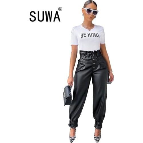 Womens High Waist Button Flared Pu Leather Pants Classic Fashion All Black Single-Breasted Elegant Office Vintage Trousers