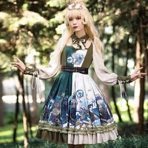 Lolita One Piece Dress Floral and Patchwork Ruffled Retro Lolita Dress