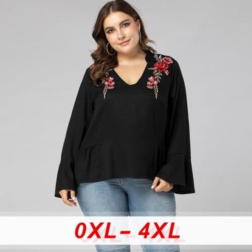 Black Casual Plus Size T Shirt Women Floral Flare Sleeve Sexy Casual Office Female Tops Oversized Shirts V Neck T Shirt