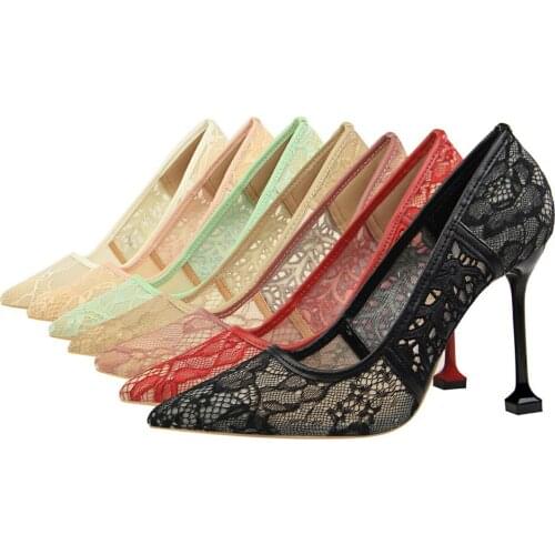 European and American fashion thin heels, super high heels, shallow pointed toe, mesh lace hollow single shoes 17175-12