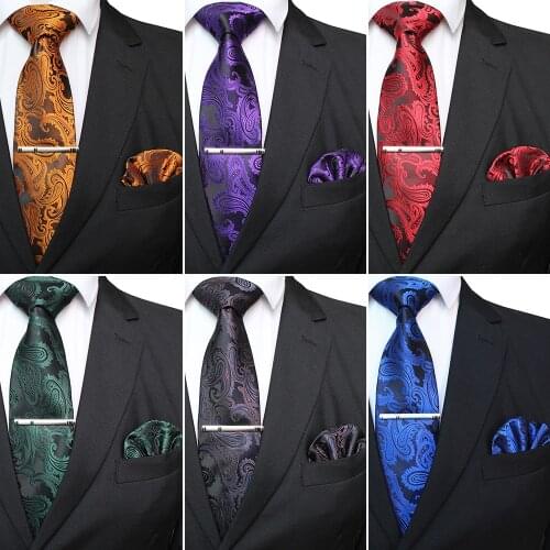 KAMBERFT Mens Classic Paisley Tie and Pocket Square Set Red Green Silk Jacquard Necktie with Tie Clip Sets Wedding Party tie