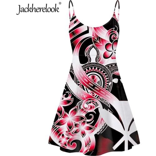 Jackherelook Kanaka Maoli Poly Tribal Turtle Hibiscus Print Girl Party Spaghetti Dress Knee Length Women Backless Besch Sundress