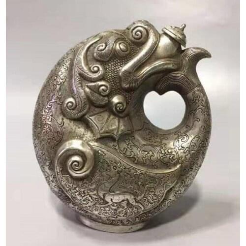 Chinese White copper dragon head fish teapot crafts statue