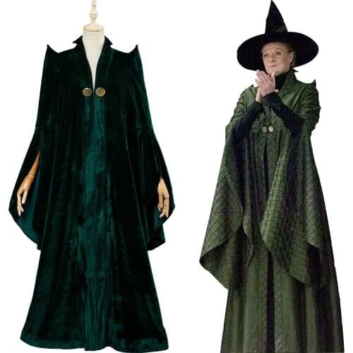 Fast delivery Anime Professor Minerva McGonagall Cosplay Costume Dress Green Cape Velvet Role Play Cloak Halloween Carnival Suit
