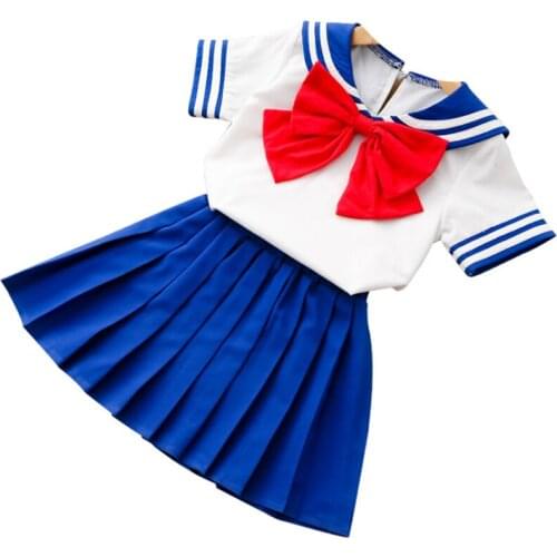 Summer Children Girl Clothes Outfits Navy Sailor School Uniform Style Bow T-Shirt and Pleated Skirt Set Casual Wear