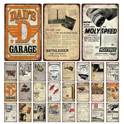 Metal Tin Signs Wall Plaque Gas Motor Oil Vintage Art Poster Newspaper Painting Plate Gas Station Pub Club Garage Decor