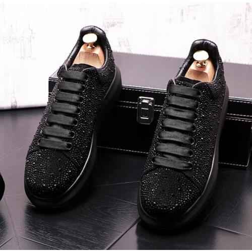 Fashion New Luxury Men Glitter Black Rhinestone Casual Lace Up Shoes Flats Male Designer Prom Sneakers Loafers Zapatos Hombre