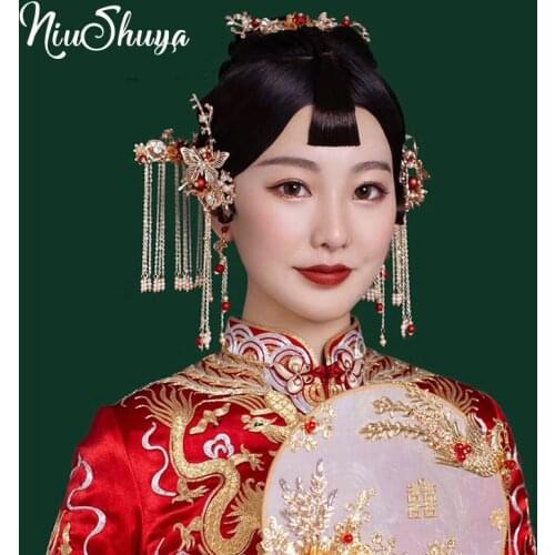 NiuShuya Chinese Classic Wedding Hair Accessories Gold Butterfly Tassel Ancient Costume Bride Marry Vintage Headdress Jewelry