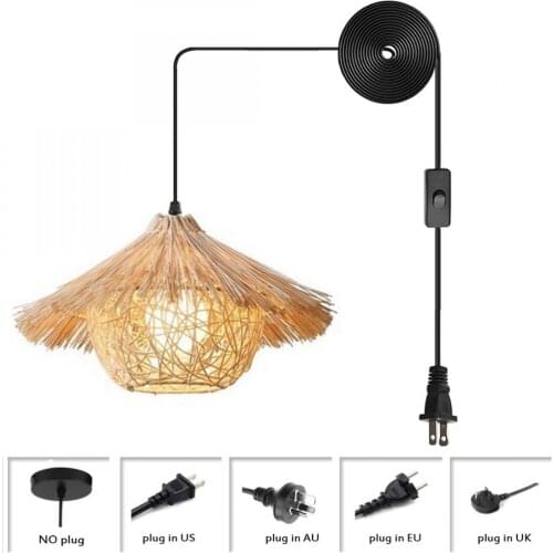 Natural Simple Hand Weaved Plug In Pendant Light, Woven Bamboo Hanging Lamp, Creative Farmhouse Chandelier Pendant Lighting