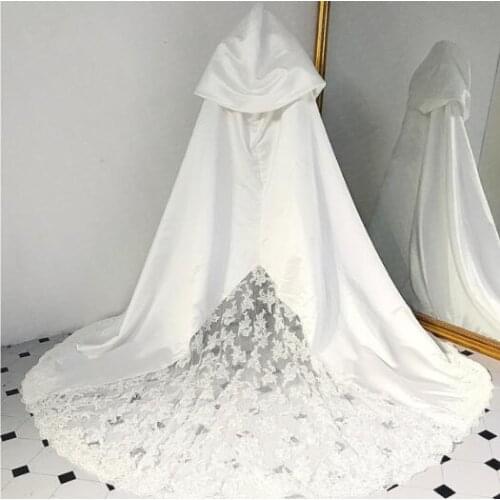Luxurious Winter Wedding Hooded Lace Long Cloak Satin Bridal Shawl Warm Coat Wedding Cape
