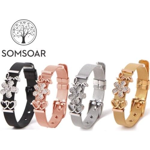 Somsoar Jewelry Love Cute Flower Mesh Bracelet & Bangle Set with 3pcs slide charms 2pcs extra free Rubber Stops as Best Gift