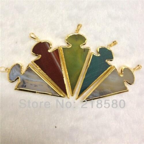 SP-016 5pcs Mix Agates Arrowhead Pendant Charm Edged in Gold Trim 30mmx60mm