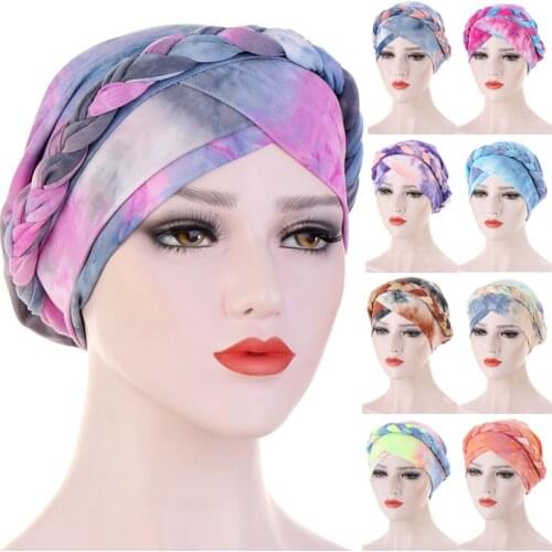 Tie Dye Braid Wrap Jersey Hijab Muslim Fashion Elastic Headband Forehead Across Islamic Turban Women Easy Cap Chemo Hat Headwrap