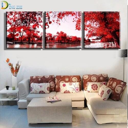 Triptych Red Tree Abstract Landscape 5D Diamond Painting Square Round Drill Cross Stitch Rhinestone Diamond Mosaic Embroidery