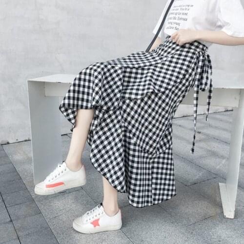 2021 Spring Summer Plaid Midi Skirt Women Elegant One Piece Lace Up Mermaid Skirt Irregular Long Fishtail Mujer Faldas Wrap Jupe