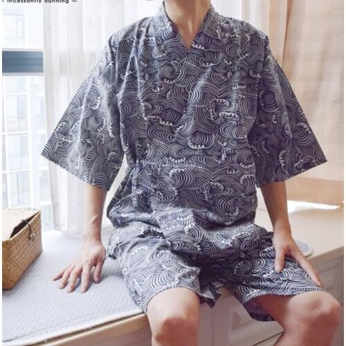 Men Pajamas Sets Printed Half Sleeve Lace Up Sleepwear Tops Japanese Kimono Casual Shorts 2 Pieces Men Nightwear Suits
