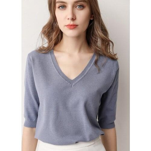 Spring Summer Women Basic Sweaters and Pullovers Solid V-neck Short-sleeved Knit Cashmere Sweater Thin Casual Tops Jumper Female