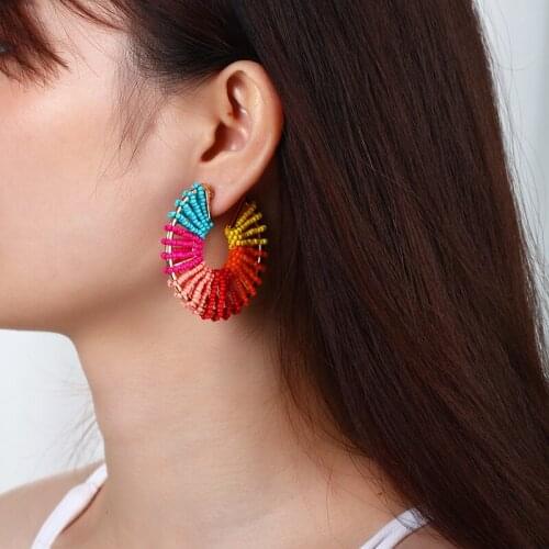Bohemian earrings rainbow for women big drop earrings Colorful round earrings cotton beach vacation summer holiday Rattan Knit
