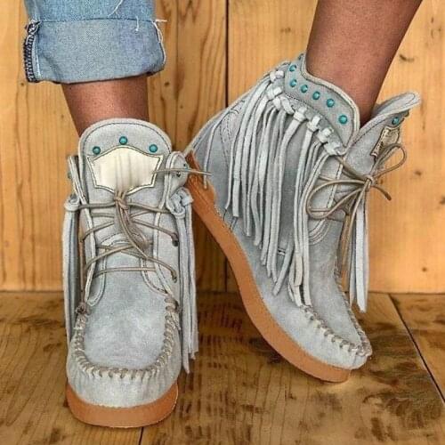 2020 Winter New Womens Boots Fashion Comfortable Casual Boots Warm Flat Fringed Lace-Up Ankle Boots 34-43