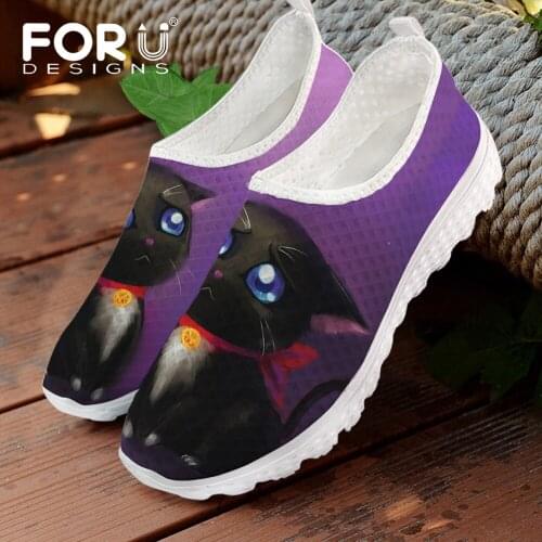 FORUDESIGNS Fashion Women Flat Shoes Cool Cartoon Black Print Slip On Mesh Shoes Breathable Beach Walking Light Shoes Flats 2021