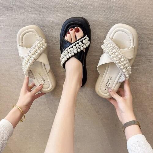 Temperament Square Head Ladies Slippers Summer New Style Exquisite Pearl Decoration Fashion Outer Wear Large Size Slippers