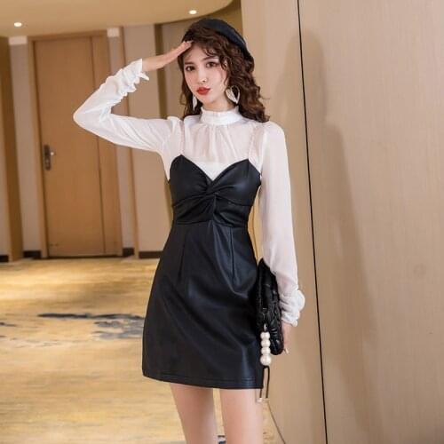 New arrival comfortable fresh cute 2 pieces women sets white basic shirt and strap PU mini a-line dress elegant wild women sets