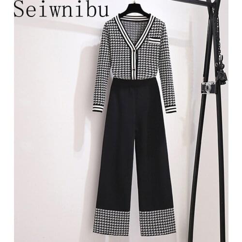 2020 Spring Women Plaids Knit Cardigans Wide Leg Pants Women Fashion 2pcs Knitting Suit Black White Elegant 2pcs Set