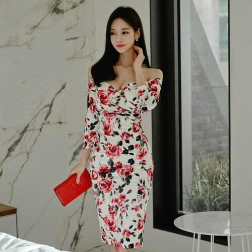 Slash Neck Print Floral Dress Women Three Quarter Midi Flower Ladies Dresses Elegant Corset Women Summer Dress Plus Size Roupas