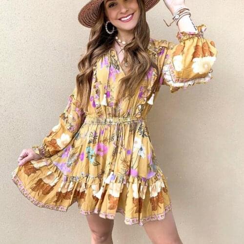 Happie Queens women floral print long sleeve tassel ruffles beach Bohemian mini dresses Ladies loose rayon Boho dress