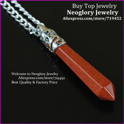 10PCS Natural Gold Sand Gems Long Point Pendulum Pendant,Hexagon Healing Chakra Reiki Quartz Wand Pendulum Pendant Necklace