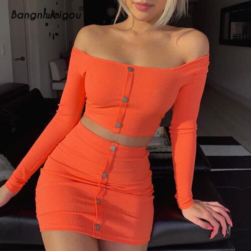 Bangniweigou Slash Neck Neon Orange Knit Crop Top Skirt Sets Women Party Casual 2 Piece Set Long Sleeve Tee & Tube Skirt 2020