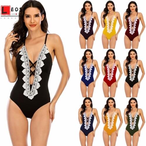One Piece Women Swimwear Deep V Backless Bodysuit Sling Swimming Bikini Romper Lace Up Beachwear Ladies Bathing Suit Solid Color